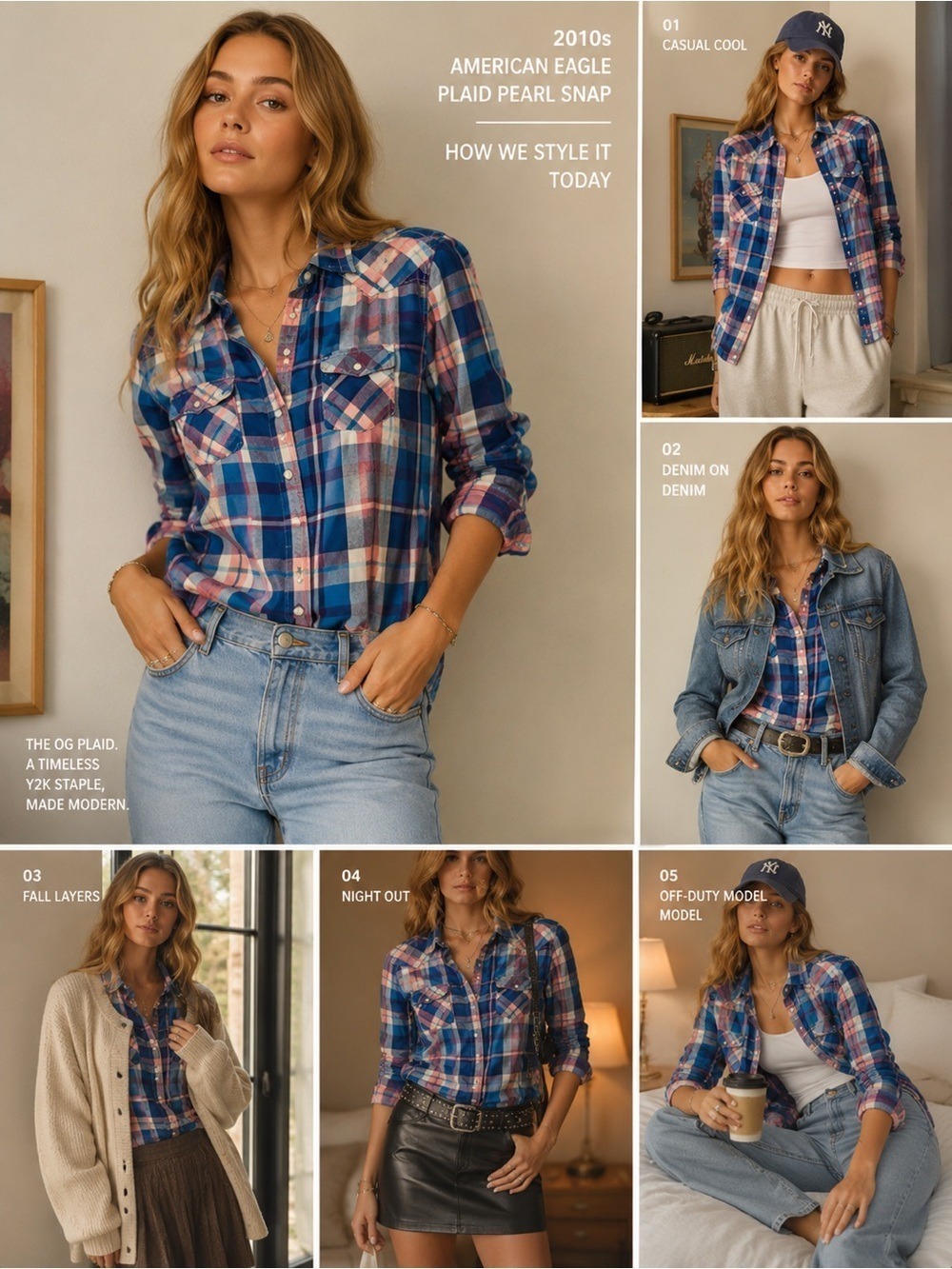 American Eagle Plaid Flannel Snap Button Front Shirt Blue Pink Women's Small